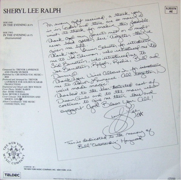 Image of Back Cover of 12" - G+/G+ - SHERYL LEE RALPH, In The Evening (TELDEC; 6.20379 AE, Germany 1984, Yellow Transparent Vinyl), Sleeve worn, stained, scuffed. With hype sticker on front,  - 2916297C