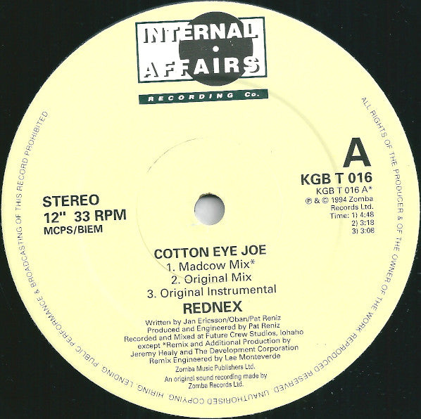 Image of Label Cover of 12" - VG/VG - REDNEX, Cotton Eye Joe (Internal Affairs Recording Co.; KGB T 016, UK 1994, Picture Sleeve), ,  - 2916257C