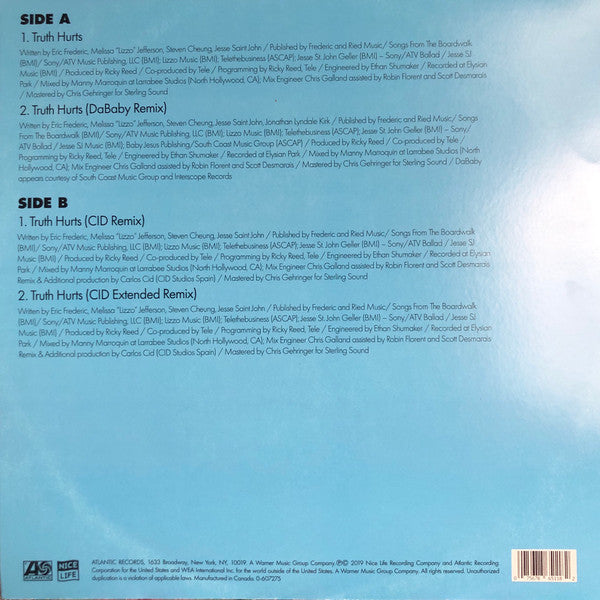 Image of Back Cover of 12" - VG/VG+ - LIZZO, Truth Hurts (Nice Life; 607275-0, US 2019, Baby Blue), Sleeve signed by Lizzo on front. Bumped corner,  - 2916300C