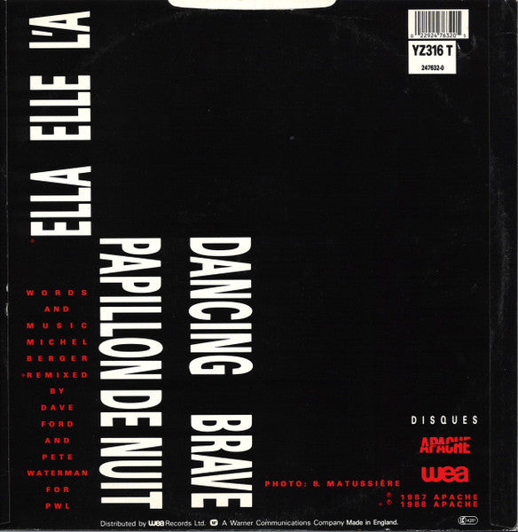 Image of Back Cover of 12" - VG/VG+ - FRANCE GALL, Ella Elle L'A (Remix) (Apache; YZ 316 (T), UK 1988, Picture Sleeve), Couple of cosmetic marks.,  - 2916260C