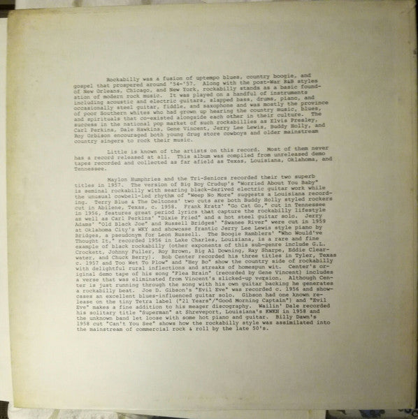 Image of Back Cover of LP - VG+/VG+ - VARIOUS, Rarin' Rockabilly - Rare & Unreleased Rockabilly & Country Rock from 1956-1959 (Rarin' Records; RARIN' 666A, US 1978), ,  - 2926192E