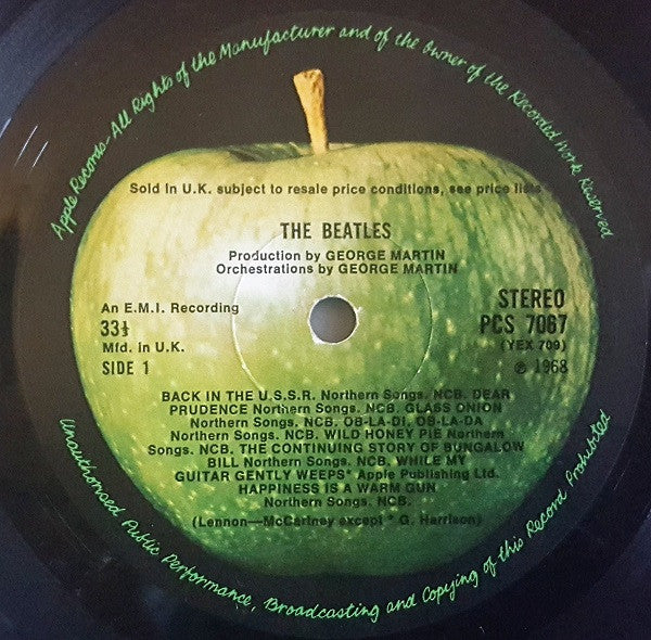 Image of Label Cover of 2xLP - G+/G+ - THE BEATLES, The Beatles (Apple Records; PCS 7067/8, UK 1968, Top Loading G&L Laminated Gatefold Sleeve, Black Inners With Die Cut On One Side , NO Prints, NO Poster, Stereo, Numbered,  An E.M.I. Recording  Text to the Left of All Labels, No Embossed Tax Code Near Spindle Hole, Stereo Printed on Rear Sleeve), No. 0370358. Light scratches, hairlines, edge wear, spine starting to split, foxing,  - 2946110S