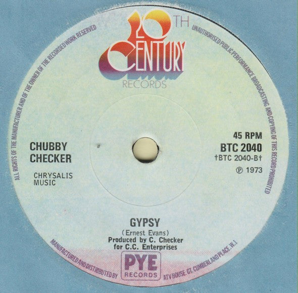 Image of Back Cover of 7" - /VG+ - CHUBBY CHECKER, Reggae My Way / Gypsy (20th Century Records; BTC 2040, UK 1973), Lightest of marks.,  - 2926286E