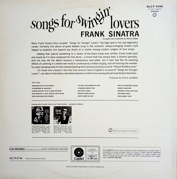 Image of Back Cover of LP - VG+/VG+ - FRANK SINATRA, Songs For Swingin' Lovers (Capitol Purple; SLCT 6106, UK 1978), WOL.,  - 2926251E