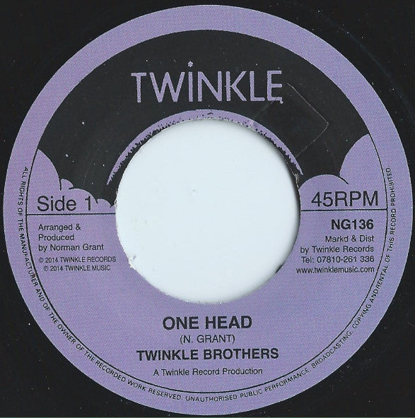 Image of Front Cover of 7" - /VG - TWINKLE BROTHERS, One Head (Twinkle Music; NG 136, UK 2014 Reissue), Labels have indented square cut into them, likely by hand,  - 2916334C