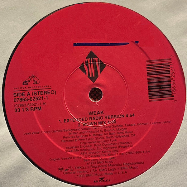 Image of Back Cover of 12" - VG/VG - SWV, Weak (RCA; 07863-62521-1, US 1993, Stickered Plain Sleeve), ,  - 2926337E