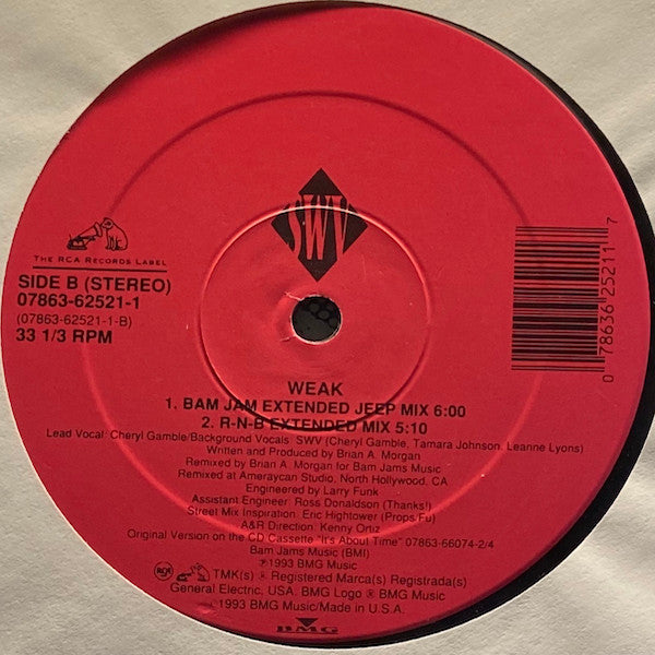 Image of Label Cover of 12" - VG/VG - SWV, Weak (RCA; 07863-62521-1, US 1993, Stickered Plain Sleeve), ,  - 2926337E