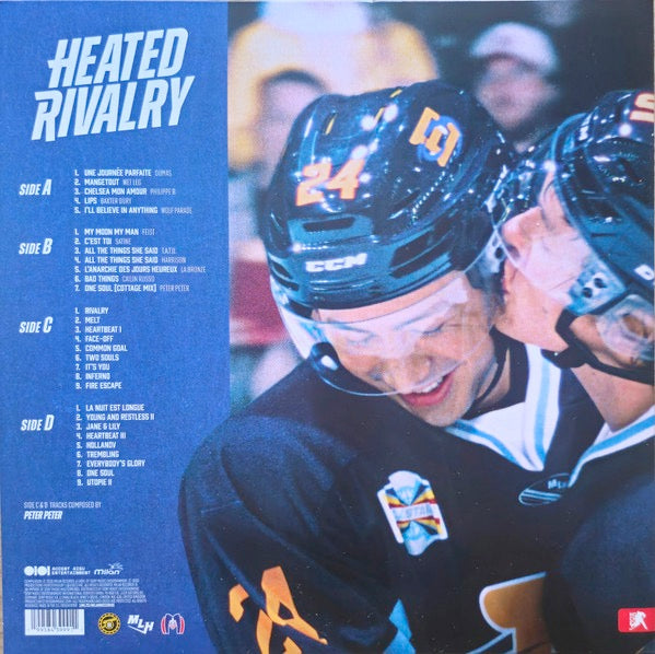 Image of Back Cover of 2xLP - NEW/NEW - VARIOUS ARTISTS, Heated Rivalry (Milan; 19958439991, Europe 2026, Gatefold, Poster, Limited Edition Montreal Metros Blue/Red and Boston Raiders Black/Yellow Vinyl, Two Trading Cards), , Whether you re cheering for Montreal or Boston, Hollanov always comes out on top. Relive every beat of Shane and Ilya s yearslong rivalry--turned--romance with the official Heated Rivalry soundtrack on vinyl, featuring a curated selection of needle--drops from the series by Wolf Parade