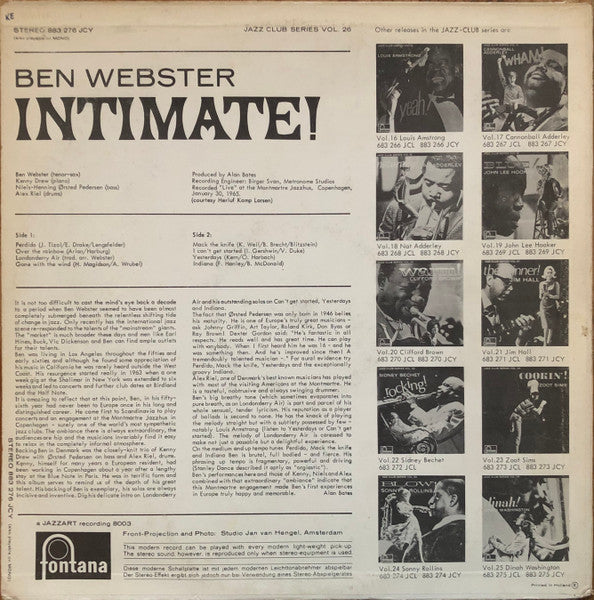 Image of Back Cover of LP - VG+/VG - BEN WEBSTER, Intimate! (Fontana; 883 276 JCY, Netherlands 1965), Few hairline marks only,  - 2946199S
