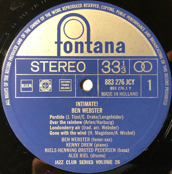 Image of Label Cover of LP - VG+/VG - BEN WEBSTER, Intimate! (Fontana; 883 276 JCY, Netherlands 1965), Few hairline marks only,  - 2946199S