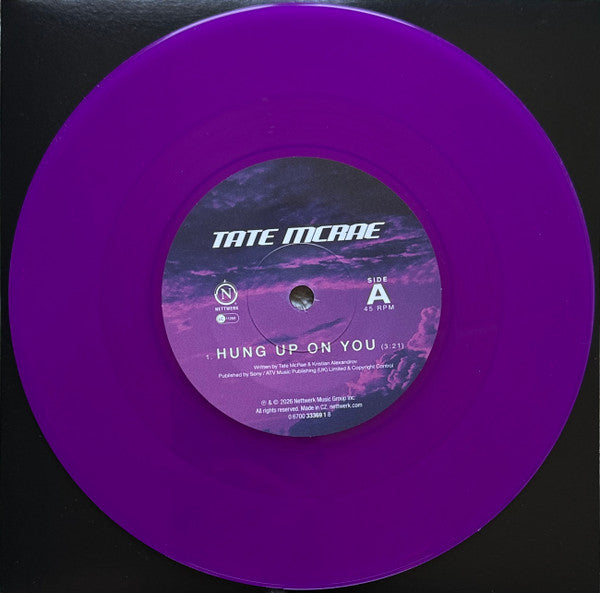 Image of Label Cover of 7" - EX/EX - TATE MCRAE, Hung Up On You / One Day (Live From Youtube NYC - February 27, 2020) (Nettwerk; 333691, UK 2026, Black Inner, RSD Release 2026, Neon Violet Vinyl), Still in hype stickered shrinkwrap,  - 2956371S