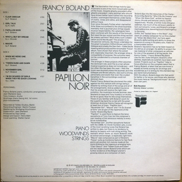 Image of Back Cover of LP - VG/VG+ - FRANCY BOLAND, Papillon Noir (Freedom; FLP 40176, UK 1976), ,  - 2946201S