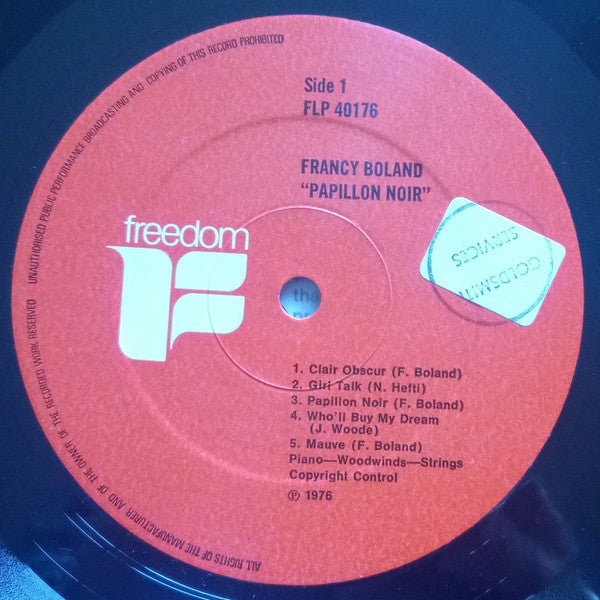 Image of Label Cover of LP - VG/VG+ - FRANCY BOLAND, Papillon Noir (Freedom; FLP 40176, UK 1976), ,  - 2946201S