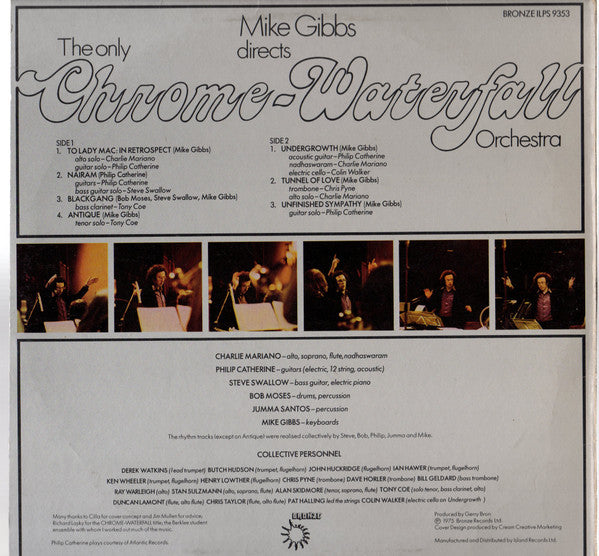 Image of Back Cover of LP - VG+/VG+ - MIKE GIBBS, The Only Chrome-Waterfall Orchestra (Bronze; ILPS 9353, UK 1975), ,  - 2946202S