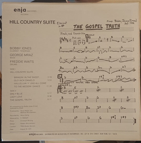 Image of Back Cover of LP - VG+/VG+ - BOBBY JONES / GEORGE MRAZ / FREDDIE WAITS, Hill Country Suite (Enja Records; enja 2046, US 1974), Cut-out (Corner cut). Sleeve still in opened shrink.,  - 2916459C