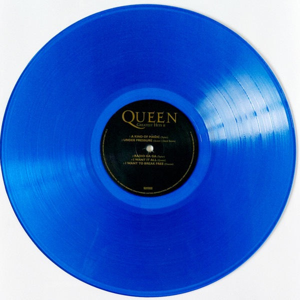 Image of Label Cover of 2xLP - G+/VG+ - QUEEN, Greatest Hits II (Hollywood Records; D003627401, US 2020 Reissue, Gold Foil Embossed Gatefold, 2 Inners, Blue Vinyl. 1/2 SPEED), Sleeve has lots of wear & a corner crease.,  - 2916448C