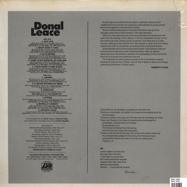 Image of Back Cover of LP - VG/VG - DONAL LEACE, Donal Leace (Atlantic; SD 7221, US 1972, Pasteback Sleeve), ,  - 2916464C