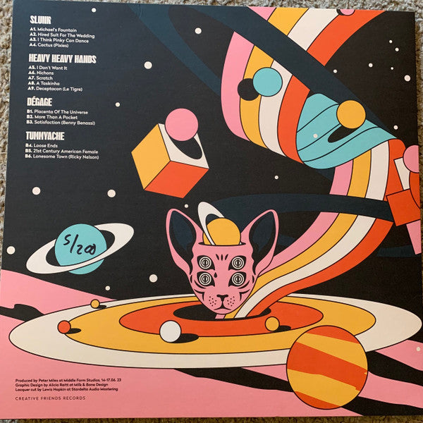Image of Back Cover of LP - EX/EX - TUMMYACHE, HEAVY HEAVY HANDS, D GAGE, SLUNK, Bat Split Crazy (Creative Friends Records; CFRLP001,  2023, Picture Sleeve, Pink Vinyl), , 4 way split from friends across the south west of England! All produced by Peter Miles at Middle Farm Studios. Pink vinyl from Creative Friends Records. - 2926328E