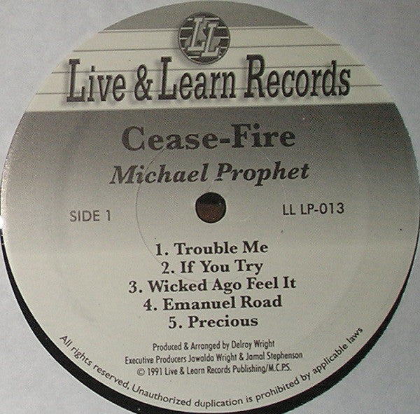 Image of Label Cover of LP - VG+/VG+ - MICHAEL PROPHET, Cease-Fire (Live & Learn Records; LL LP 013, US 1991 Reissue, Black/white/gray labels dated 1991), ,  - 2946275S