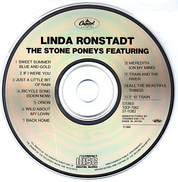 Image of Label Cover of CD - VG+/VG+ - THE STONE PONEYS FEATURING LINDA RONSTADT, The Stone Poneys Featuring Linda Ronstadt (Capitol Records; TOCP-7062, Japan 1992, Jewel Case), ,  - 2936158E