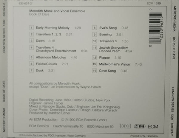Image of Back Cover of CD - VG+/VG - MEREDITH MONK, Book Of Days (ECM New Series; ECM New Series 1399, Germany 1990, Jewel Case), ,  - 2916480C