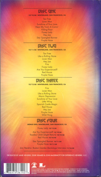 Image of Back Cover of 4xCD - VG/VG - THE JIMI HENDRIX EXPERIENCE, Winterland (Experience Hendrix; 88697936192, US 2011, Digibook), Light marks only on Disc 3. Light edge wear, small tear on front, a few small stains and indents.,  - 2956376S
