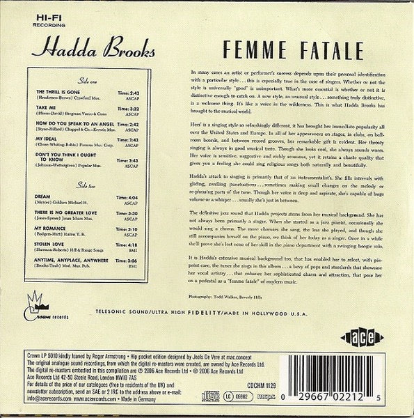 Image of Back Cover of CD - VG+/EX - HADDA BROOKS, Femme Fatale (Ace; CD CHM 1129, UK 2006 Reissue, Card Sleeve), Opened Instore, Still In Shrinkwrap,  - 2916482C