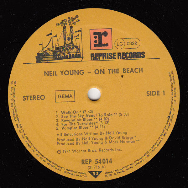 Image of Label Cover of 12" - VG/G+ - NEIL YOUNG, On The Beach (Reprise Records; REP 54 014, Germany Reissue, Inner), Strong G+, light hairlines only,  - 2926363E