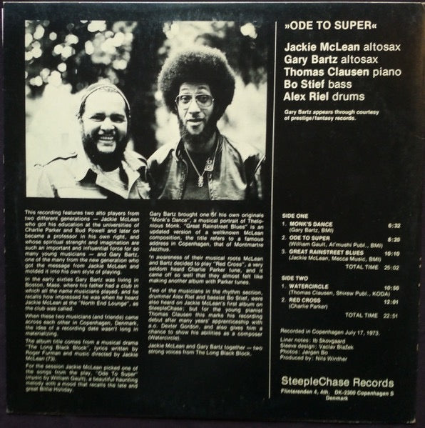 Image of Back Cover of LP - VG/G - JACKIE MCLEAN FEATURING GARY BARTZ, Ode To Super (SteepleChase; SCS-1009, Denmark 1973), Lots of marks but plays through with surface noise! Creases to sleeve.,  - 3016011C