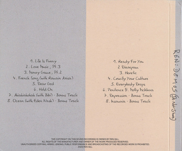 Image of Back Cover of 2xCD - VG/VG - REN, Demos (Do Not Share) (Not On Label (Ren Gill Self-relea; none, UK 2023 Reissue, Limited Edition, Reissue), ,  - 3056001S