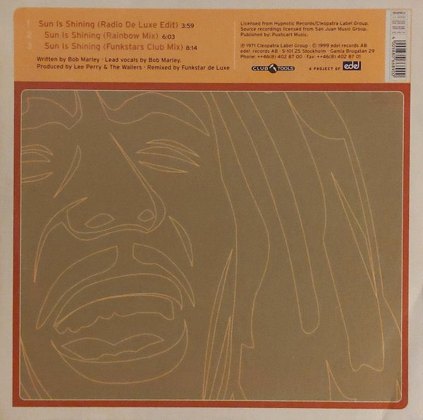 Image of Back Cover of 12" - VG+/VG+ - BOB MARLEY VS. FUNKSTAR DE LUXE REMIX, Sun Is Shining (Club Tools; 0066890CLU, Europe 1999, Picture Sleeve), Light sticker damage on sleeve on left hand side.,  - 3016024C