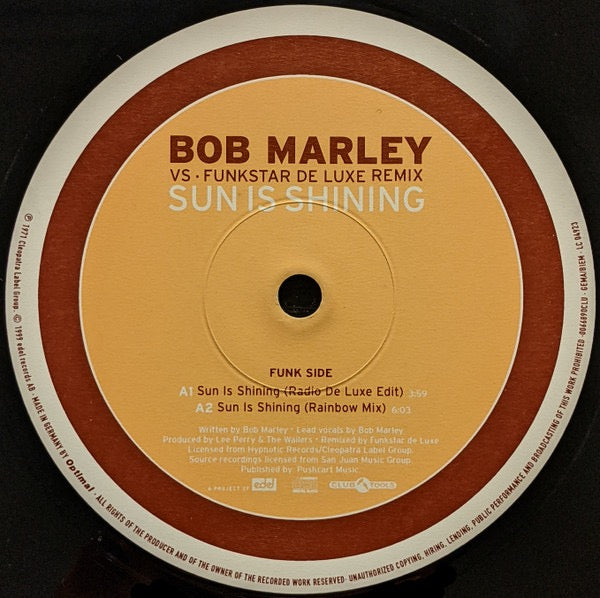 Image of Label Cover of 12" - VG+/VG+ - BOB MARLEY VS. FUNKSTAR DE LUXE REMIX, Sun Is Shining (Club Tools; 0066890CLU, Europe 1999, Picture Sleeve), Light sticker damage on sleeve on left hand side.,  - 3016024C