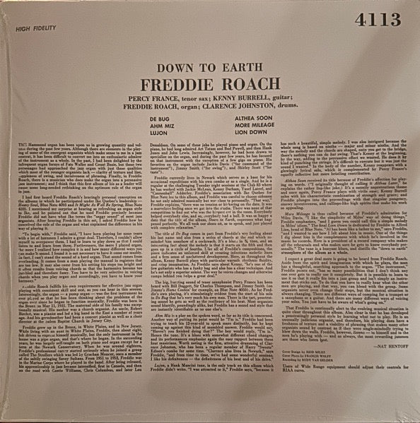 Image of Back Cover of LP - VG+/VG - FREDDIE ROACH, Down to Earth (Rat Pack Records; BLP 4113, France 2023 Reissue, Unofficial), ,  - 3016018C