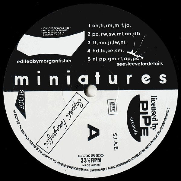 Image of Label Cover of LP - VG/EX - VARIOUS, Miniatures (A Sequence Of Fifty-One Tiny Masterpieces Edited By Morgan-Fisher) (Supporti Fonografici; SF 007, Italy 1986 Reissue, Poster), Edge and Ring Wear, Poster in good shape,  - 3046005S