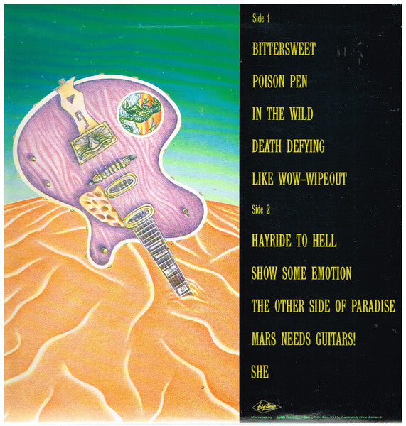 Image of Back Cover of LP - VG/VG+ - HOODOO GURUS, Mars Needs Guitars! (Big Time; BT 7053, New Zealand 1985, Inner), Sleeve has crease and edgewear. Mould spots on inner. ,  - 3026005E