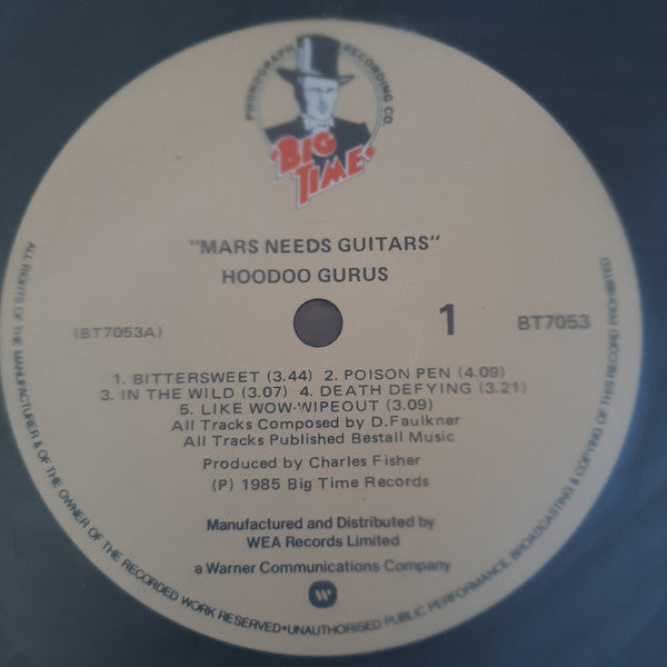 Image of Label Cover of LP - VG/VG+ - HOODOO GURUS, Mars Needs Guitars! (Big Time; BT 7053, New Zealand 1985, Inner), Sleeve has crease and edgewear. Mould spots on inner. ,  - 3026005E