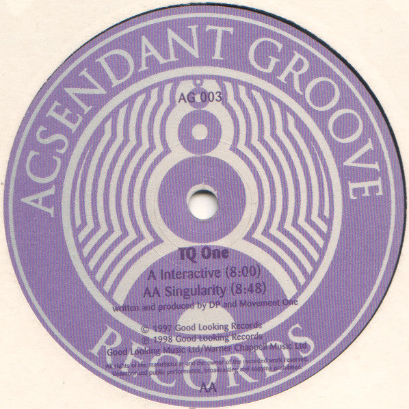 Image of Front Cover of 12" - G+/G - TQ ONE, Interactive / Singularity (Ascendant Grooves; AG 003, UK 1998, Die Cut Company Sleeve), Significant scuffs and scratches on both sides + extensive hairlines. Sleeve worn and marked.,  - 3016032C