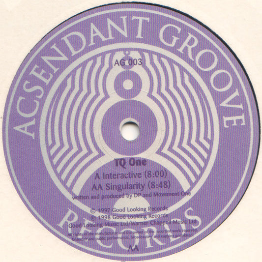 Image of Front Cover of 12" - G+/G - TQ ONE, Interactive / Singularity (Ascendant Grooves; AG 003, UK 1998, Die Cut Company Sleeve), Significant scuffs and scratches on both sides + extensive hairlines. Sleeve worn and marked.,  - 3016032C