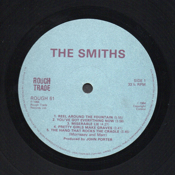 Image of Label Cover of LP - VG/VG - THE SMITHS, The Smiths (Rough Trade; ROUGH 61, UK 1984, Inner, Blue Label with Stamp Logo), ,  - 3026012E