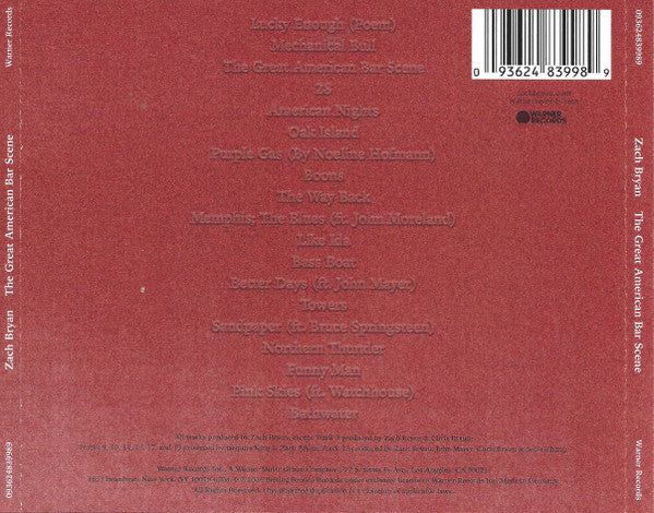 Image of Back Cover of CD - VG+/VG+ - ZACH BRYAN, The Great American Bar Scene (Warner Records; 093624839989, Europe 2024), ,  - 3056002S