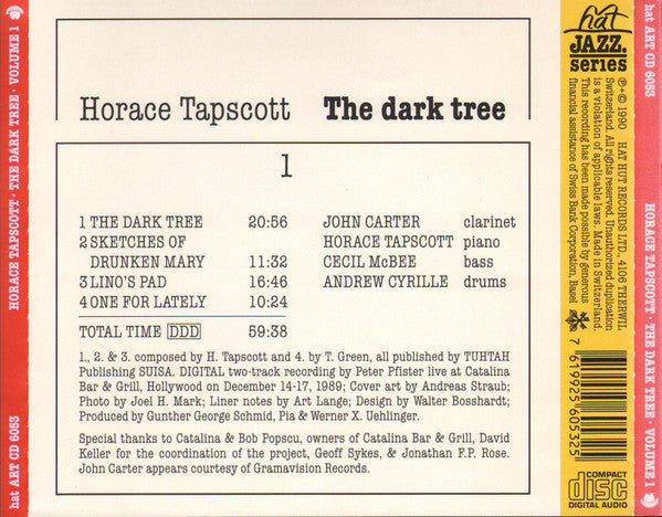 Image of Back Cover of CD - VG+/VG+ - HORACE TAPSCOTT, The Dark Tree Volume 1 (hat ART; hat ART CD 6053, Switzerland 1990), ,  - 3136007E