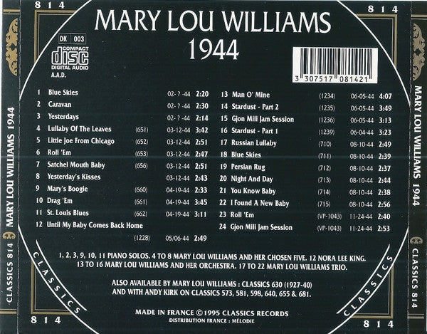 Image of Back Cover of CD - VG+/VG+ - MARY LOU WILLIAMS, 1944 (Classics ; CLASSICS 814, France 1995), ,  - 3056005S