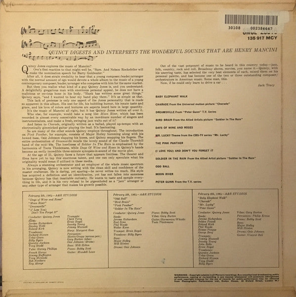 Image of Back Cover of LP - VG/VG - QUINCY JONES, Quincy Jones Explores The Music Of Henry Mancini (Mercury; SMCL 20016, UK 1964, Laminated Flipback Sleeve), ,  - 3026023E