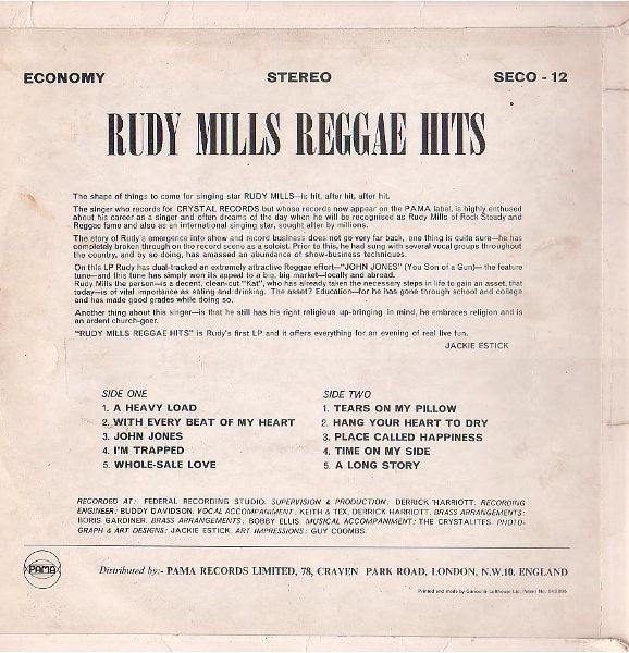 Image of Back Cover of LP - VG+/VG+ - RUDY MILLS, Reggae Hits (Economy; SECO 12, UK 1969, Laminated Flipback Sleeve), Lovely copy! Sleeve has a couple of small laminate creases and corner knocks but is otherwise very nice. Disc is clean!,  - 3016093C