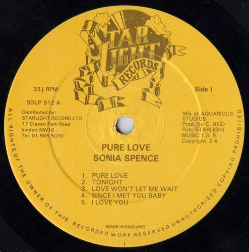 Image of Label Cover of LP - VG/VG - SONIA SPENCE, Pure Love (Starlight Records; SDLP 912, UK 1983), Solid VG across the board.,  - 3016094C