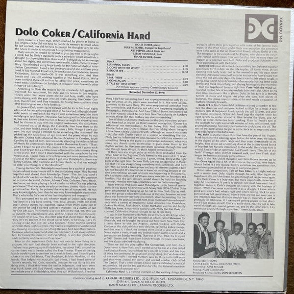 Image of Back Cover of LP - VG+/VG+ - DOLO COKER, California Hard (Xanadu Records; Xanadu 142, US 1977), ,  - 3026099E