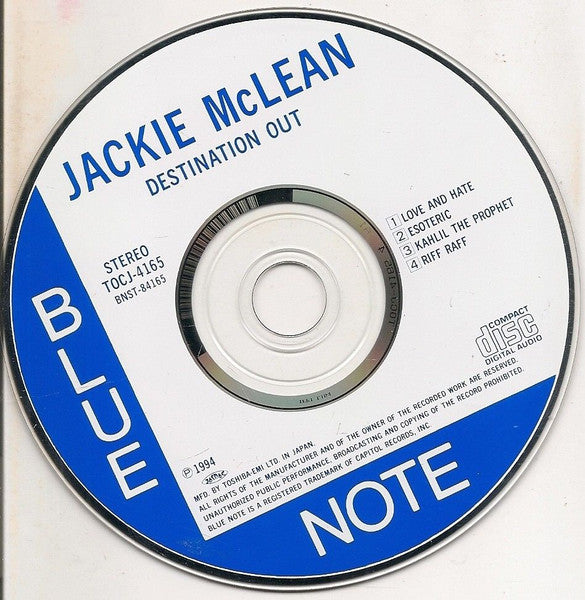 Image of Label Cover of CD - VG+/VG+ - JACKIE MCLEAN, Destination Out (Blue Note; TOCJ-4165, Japan 1994), No Obi is Included.,  - 3056009S