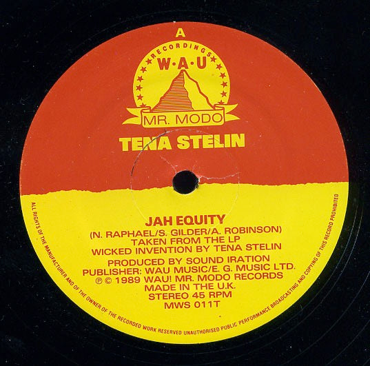 Image of Label Cover of 12" - VG/VG+ - TENA STELIN, Jah Equity (WAU! Mr. Modo Recordings; MWS 011T, UK 1989, Company Sleeve), A few light scuffs, plays VG+. HWOL. Light storage wear on company sleeve.,  - 3016139C