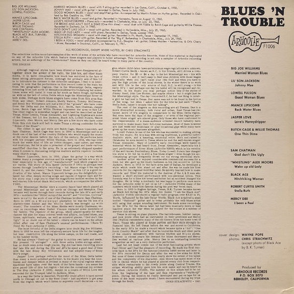 Image of Back Cover of LP - G+/VG - VARIOUS, Blues 'N Trouble (Arhoolie Records; F1006, US Reissue, Pasteback Sleeve), Top seam split. Disc is a strong VG.,  - 3016146C