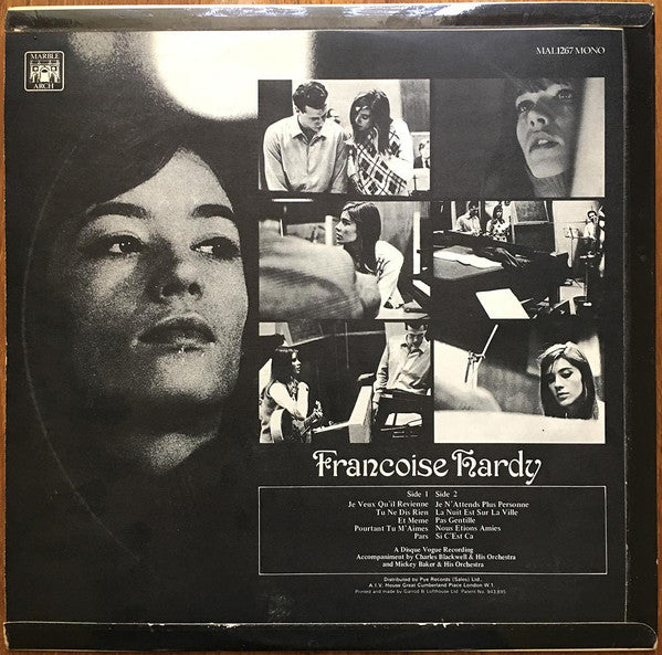 Image of Back Cover of LP - G+/VG - FRAN OISE HARDY, Francoise Mon Amour (Marble Arch Yellow Labels; MAL 1267, UK 1970, Laminated Flipback Sleeve, Mono), Name written on sleeve front & back. Bottom flip-back damaged.,  - 3916140C